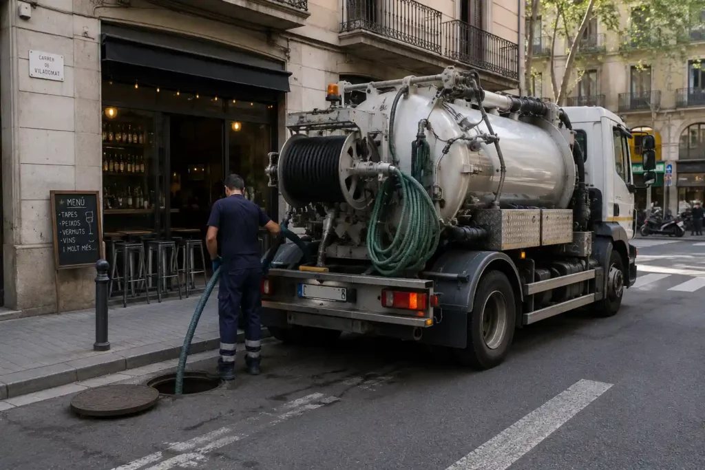 camión cuba trabajando junto a restaurante centro Barcelona
