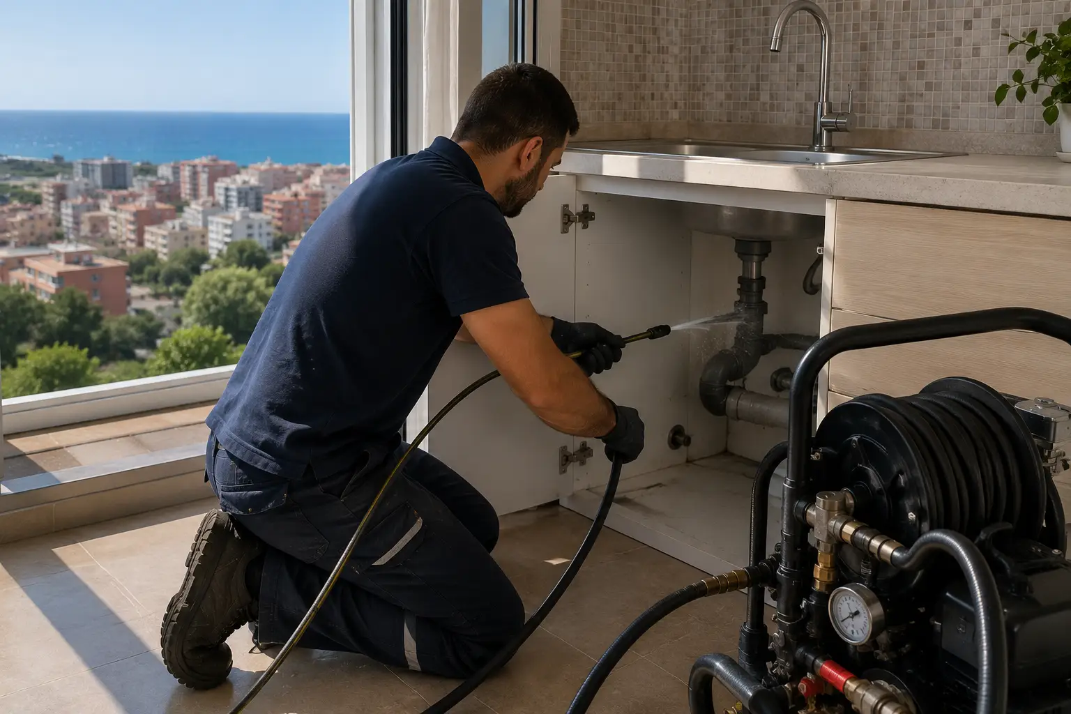 equipo limpiando tubería vivienda
