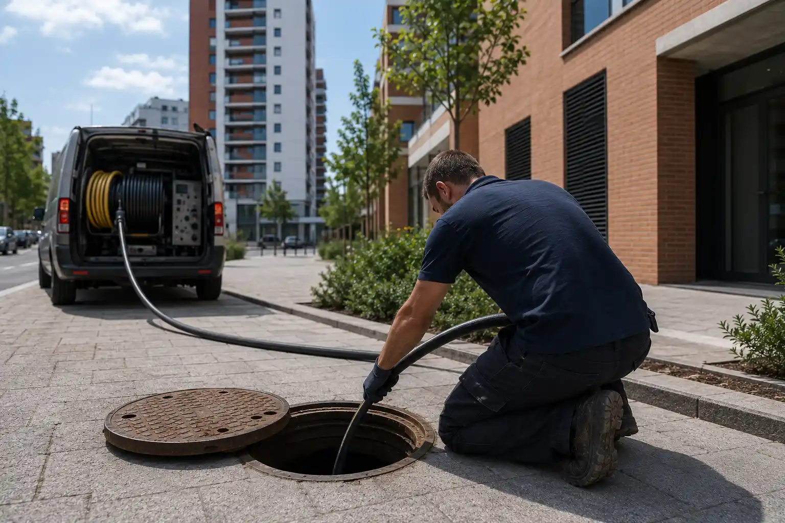 operario realizando intervención en registro de saneamiento edificio residencial