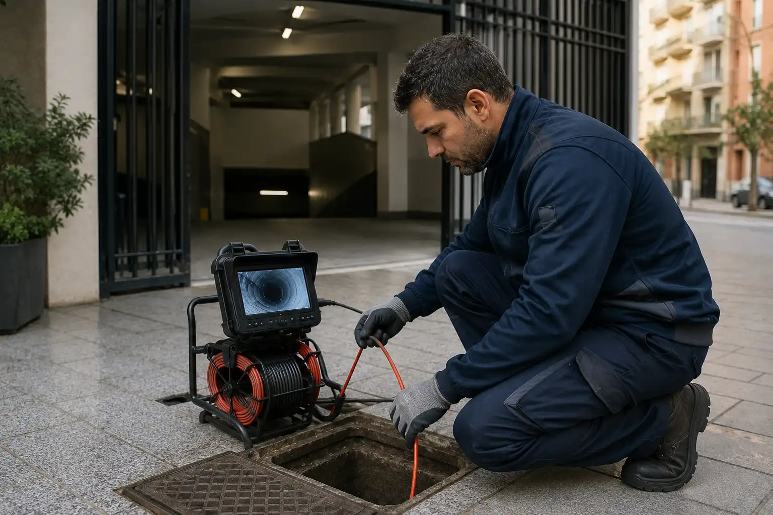 técnico introduciendo una cámara de inspección en Barcelona